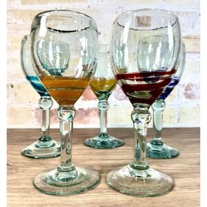 Mexican Hand Blown Art Glass Wine Goblets Set 5 Spiral Swirl Colored Stemware